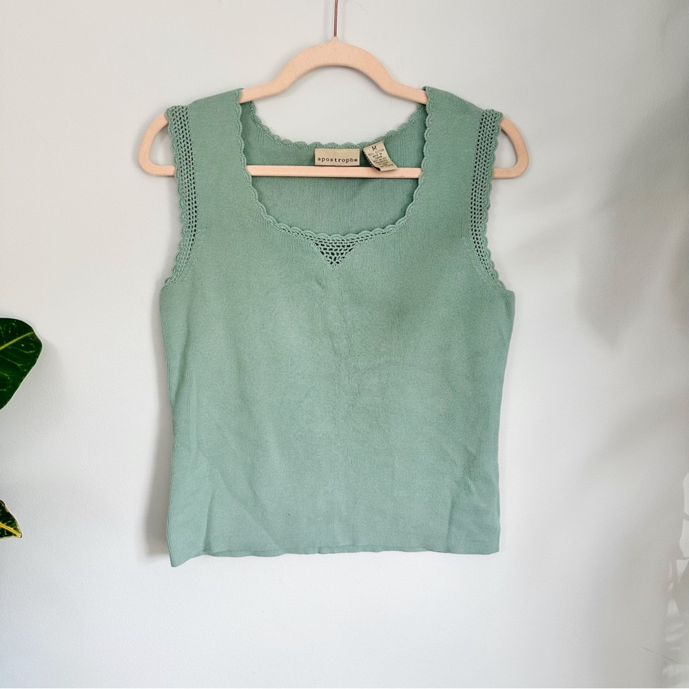 Vintage Y2K Crochet Dusty Aqua Mint Green Tank top Baby Tank Top Lace Detail